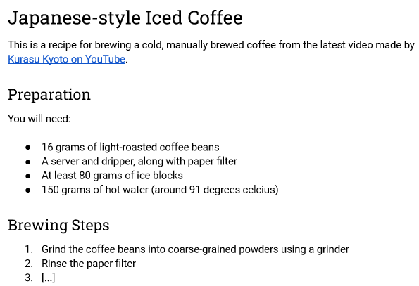 A draft recipe from Google Docs