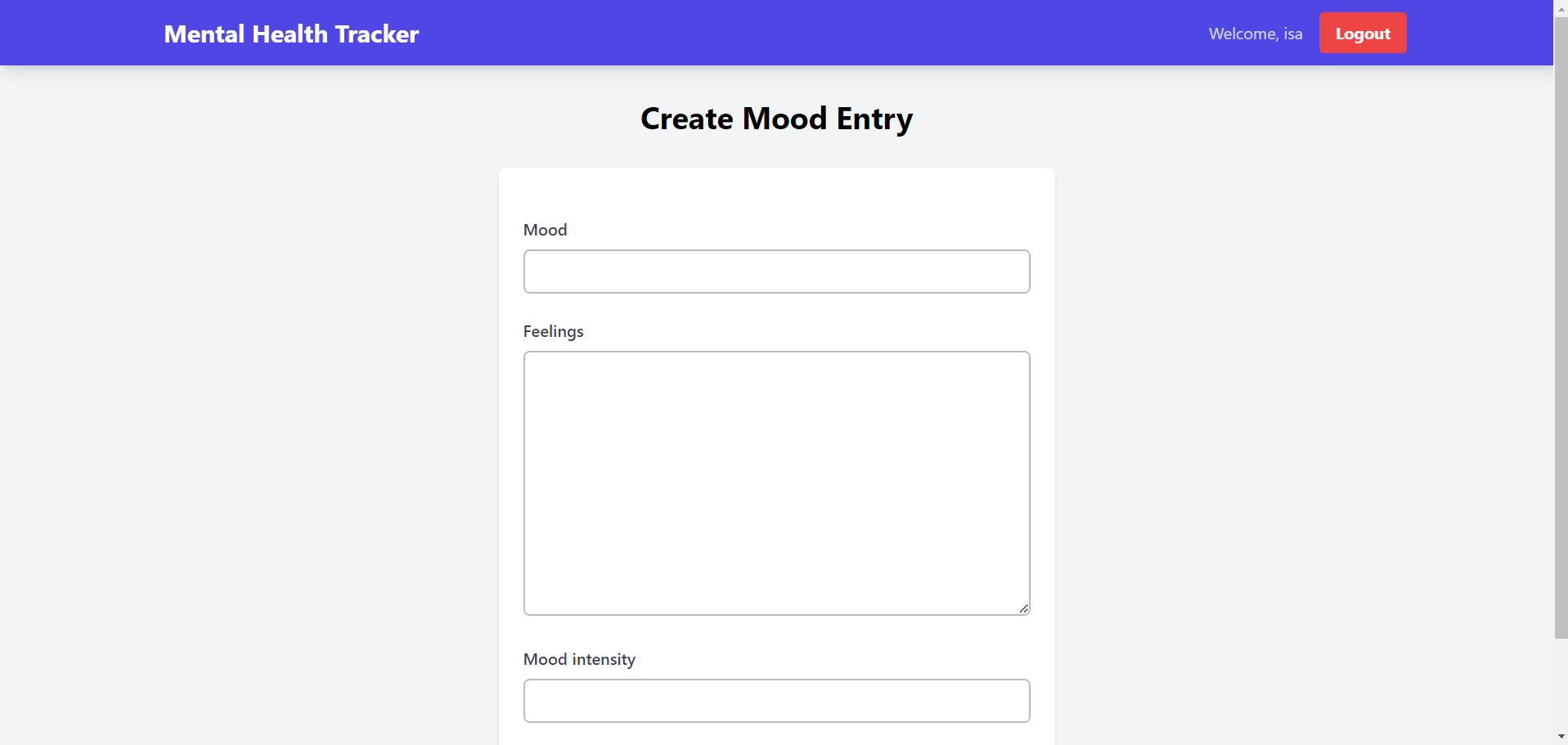 Contoh Tampilan Create Mood Entry Page