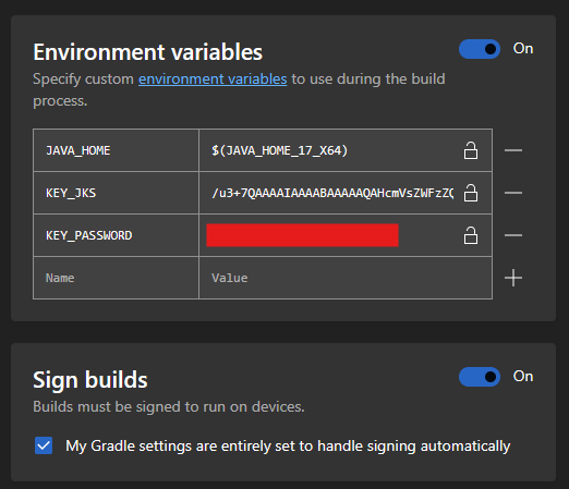 Environment variables &amp; Sign builds