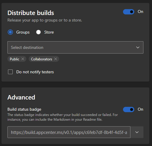 Distribute builds &amp; Build status badge