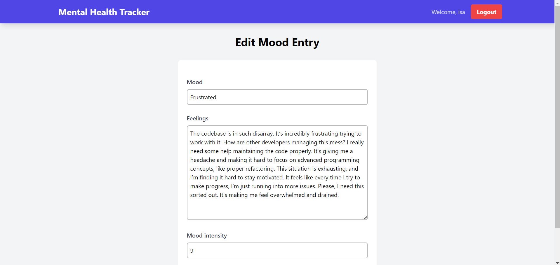 Example of Edit Mood Entry Page