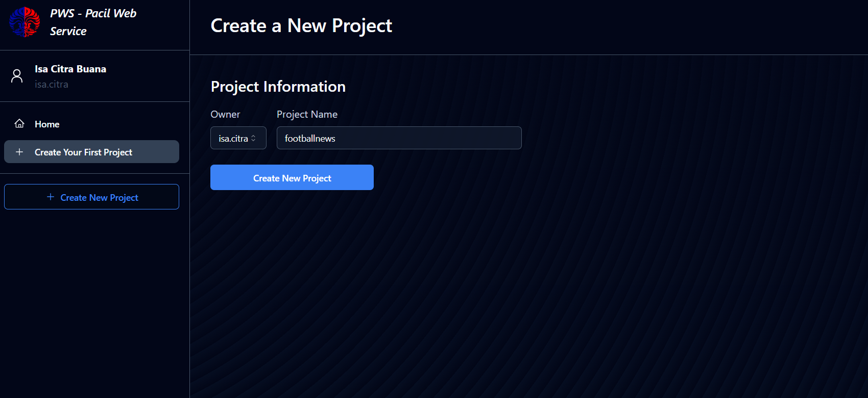 Halaman Create Project PWS