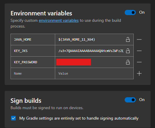 Environment variables & Sign builds