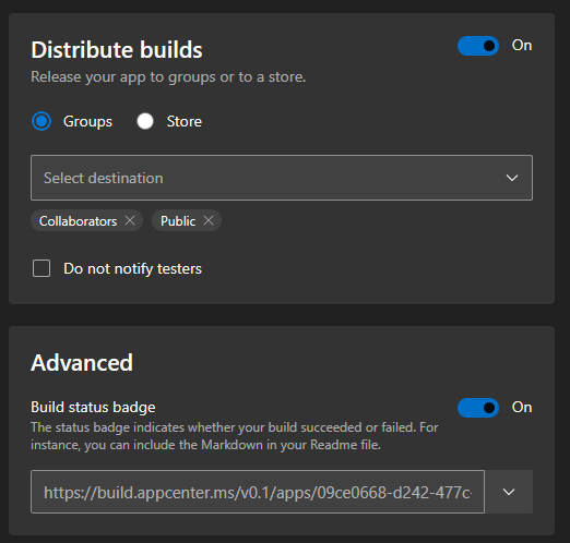 Distribute builds & Build status badge